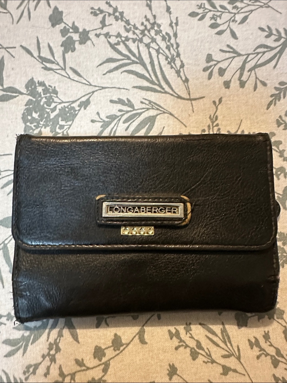 Longaberger Black Leather Fold-Over Women's Wallet with Metal Logo